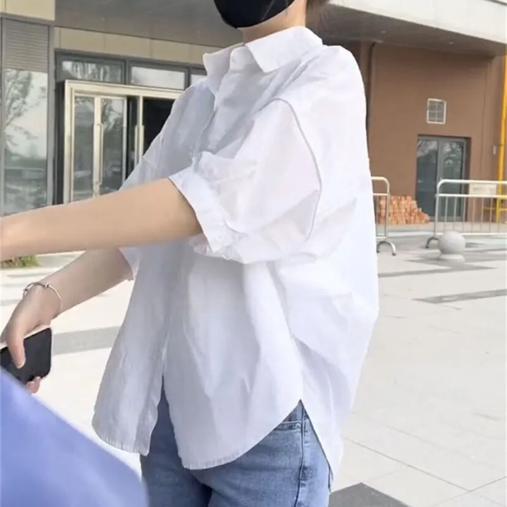 Fashion Personality Half Sleeve Women's Casual Shirt Top - White