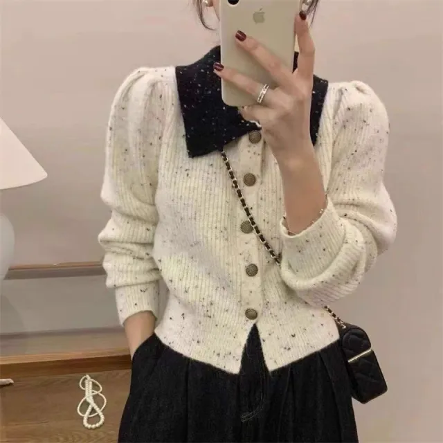Light Luxury Socialite French Style Classic Style Lapel Knitted Cardigan For Women Beige - Shop at LoveMi