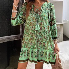 Spring And Summer Leisure Bohemian Holiday V-neck Dress For Women - Green - View 1