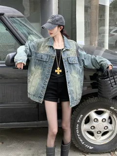 American Vintage Heavy-duty Rivet Denim Jacket For Women, Spring And Autumn - Retro Blue - View 1