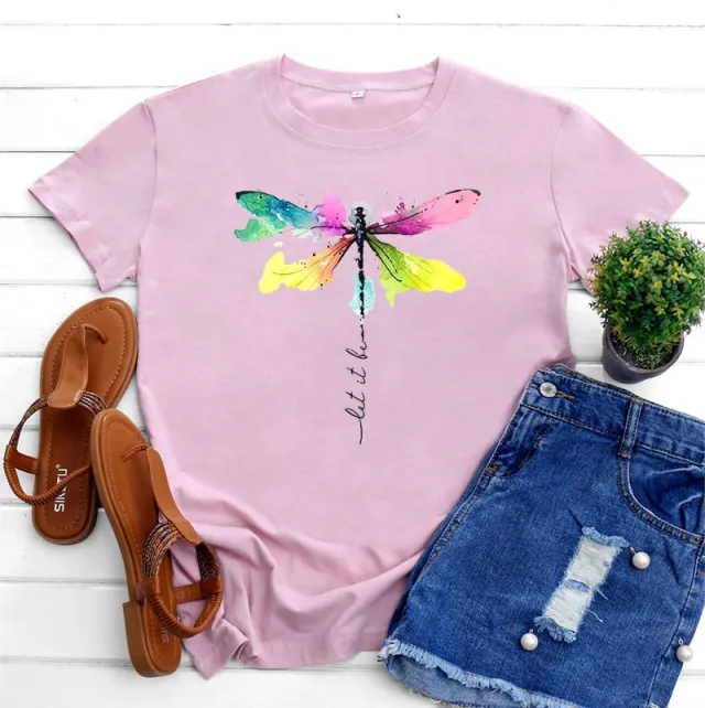 Women's Fashion Casual Dragonfly Printed Round Neck Short Sleeve T shirt Top Pink - Shop at LoveMi