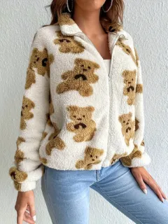 Bear Printed Furry Fleece-lined Warm And Loose Coat - White - View 1