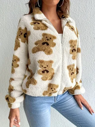 Bear Printed Furry Fleece lined Warm And Loose Coat White - Shop at LoveMi