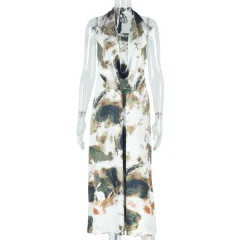 Print Pleated Backless Dress Set Sleeveless Tie - Floral - View 1