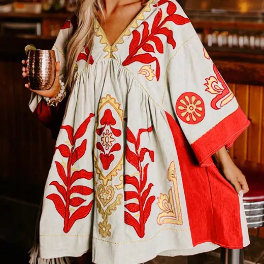 Bohemian Style Natural Growth Floral Three-quarter Sleeve Dress - Red