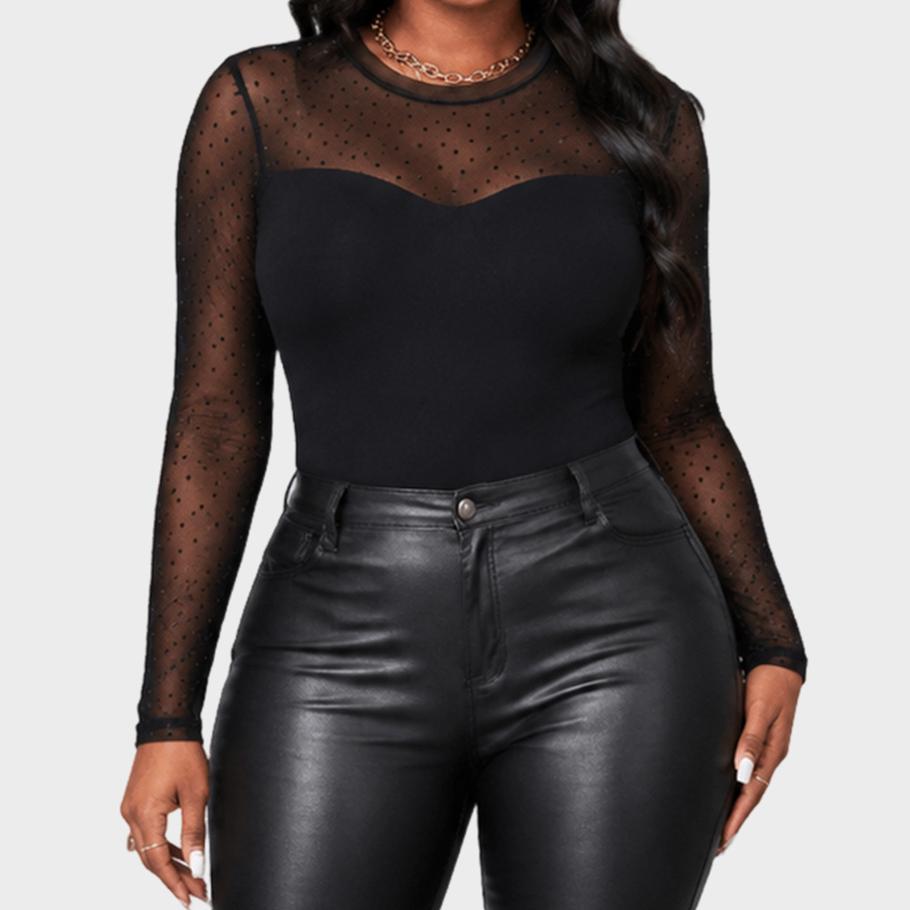 Womens Sheer Mesh Top With Polka-dot Sleeves