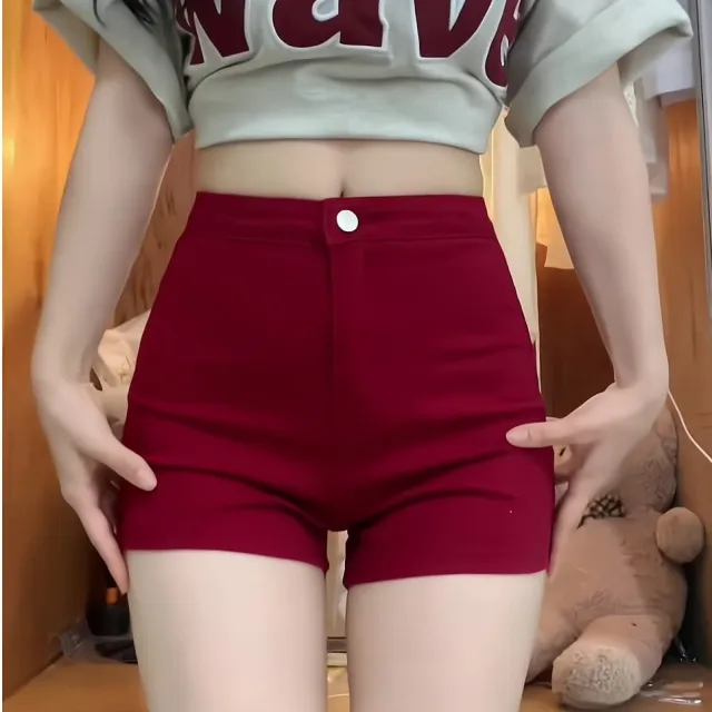 Womens American style Red High waisted Body hugging Denim Shorts Red - Shop at LoveMi