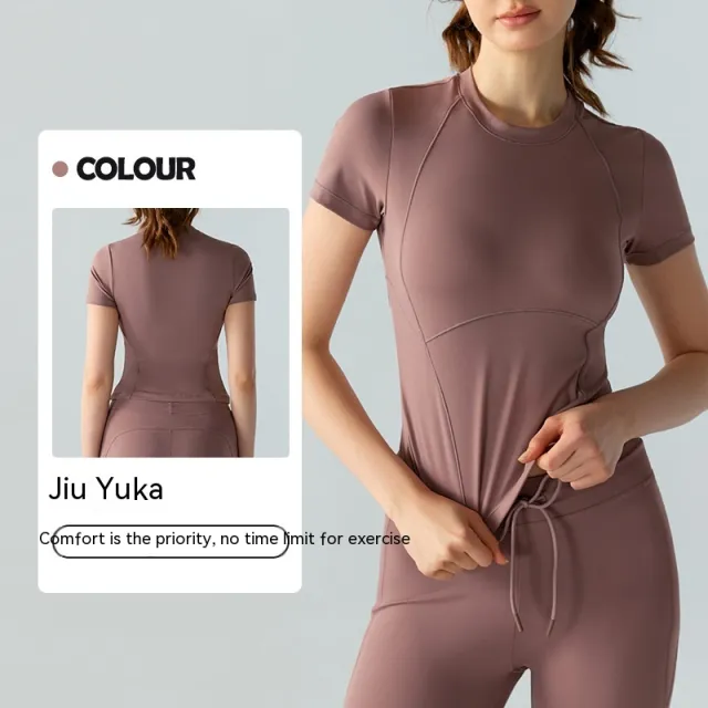 Casual Slimming Cool Yoga Clothes Short Sleeve Turtle Feather Coffee - Shop at LoveMi