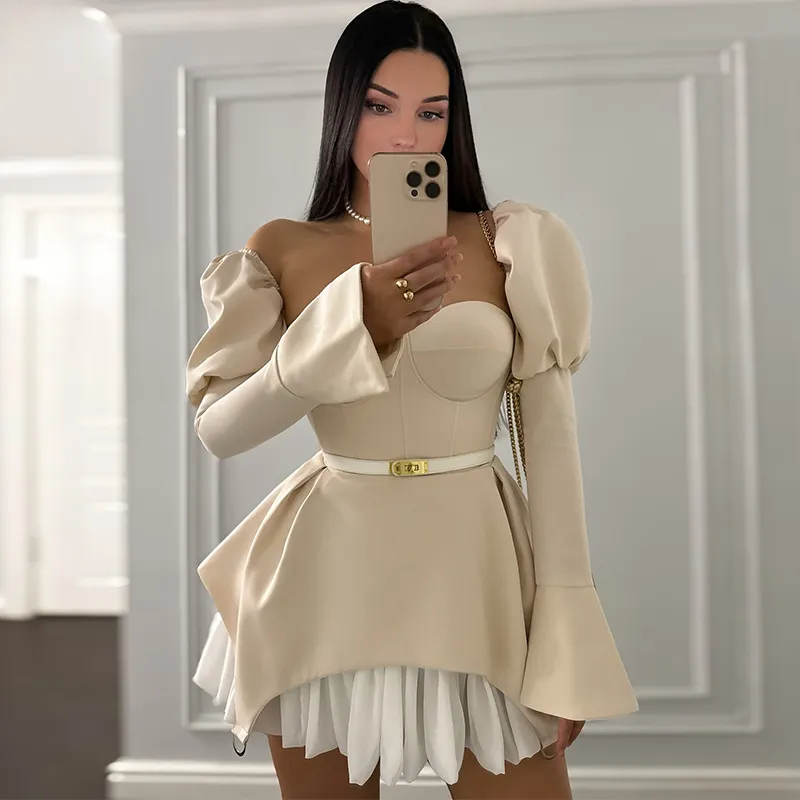 Wrapped Chest Stitching Irregular Puff Sleeve Dress - Apricot Excluding Belt