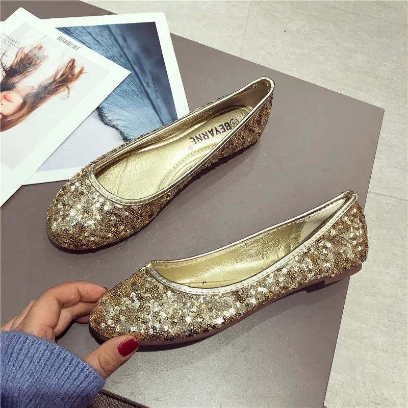 Fashion Pumps Flat Bottom Flat Heel Comfortable Sequins Shiny Pumps - Gold