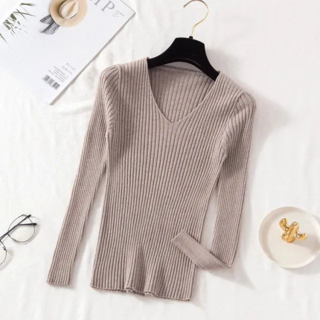 New V neck Long Sleeve Base Knitting Autumn All matching Slim Fit Tight Pullover Sweater Flower Card - Shop at LoveMi