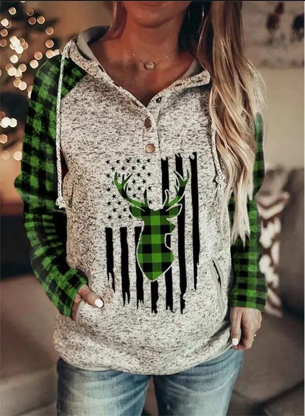 Hooded Loose Fleece Sweater Plaid Printed Long sleeved Top Green - Shop at LoveMi