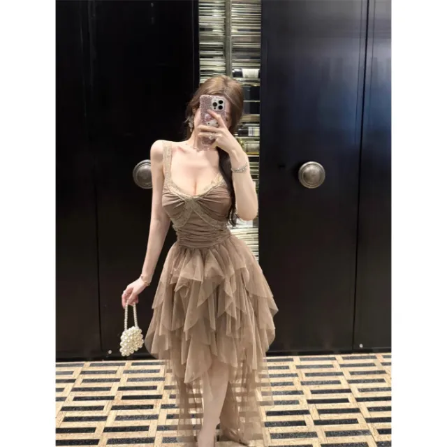 Elegant High society Gown With An Offbeat Mesh Slip Dress Design Brown - Shop at LoveMi