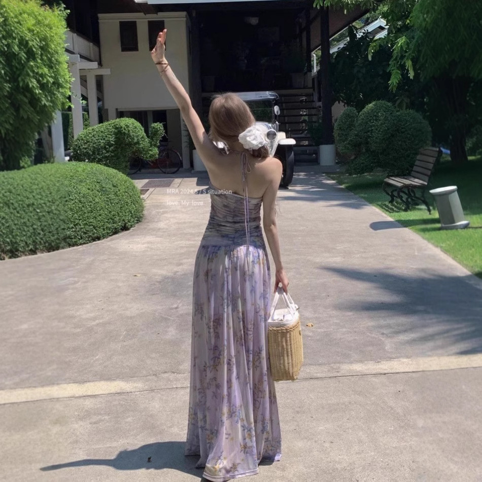 Tea Break French Purple Floral V-neck Halter Sling Dress