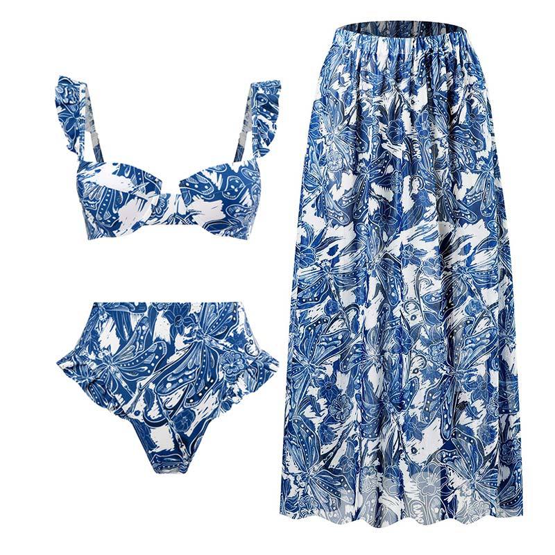 Push Up Three piece High Waist Split Swimsuit Suit Mesh Long Dress Blue Dragonfly Skirt Suit - Shop at LoveMi