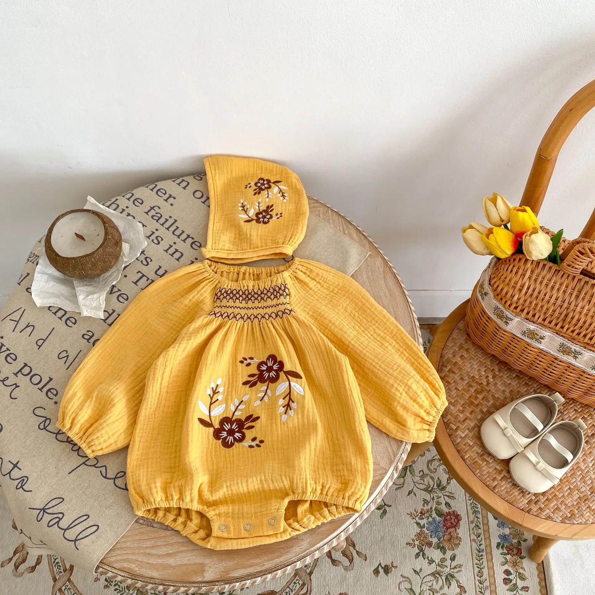 Double Wrinkle Cotton Long-sleeve Jumpsuit Romper Hat