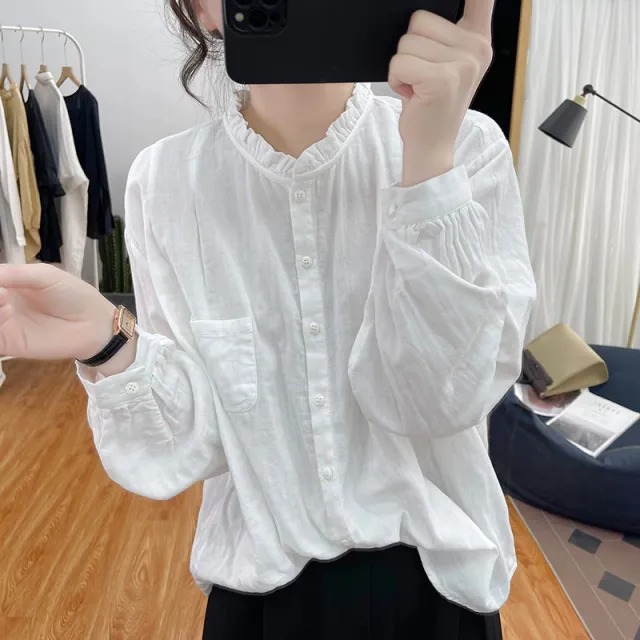 Women's Long sleeved Cotton And Linen Loose Youthful looking Ruffled Collar Shirt White - Shop at LoveMi