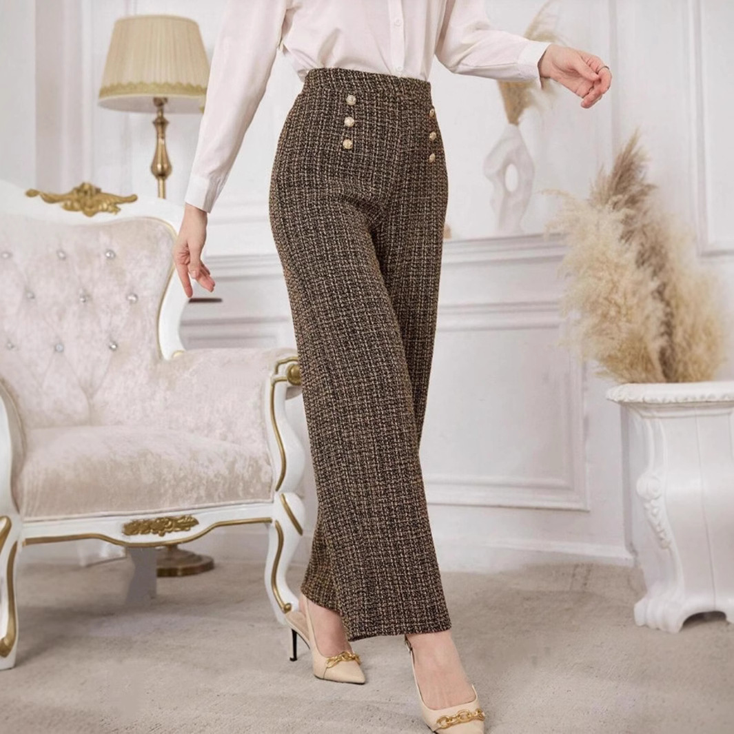 Versatile Classic Style Plaid Double-breasted Tweed High Waist Slimming Wide-leg Pants - Image 5