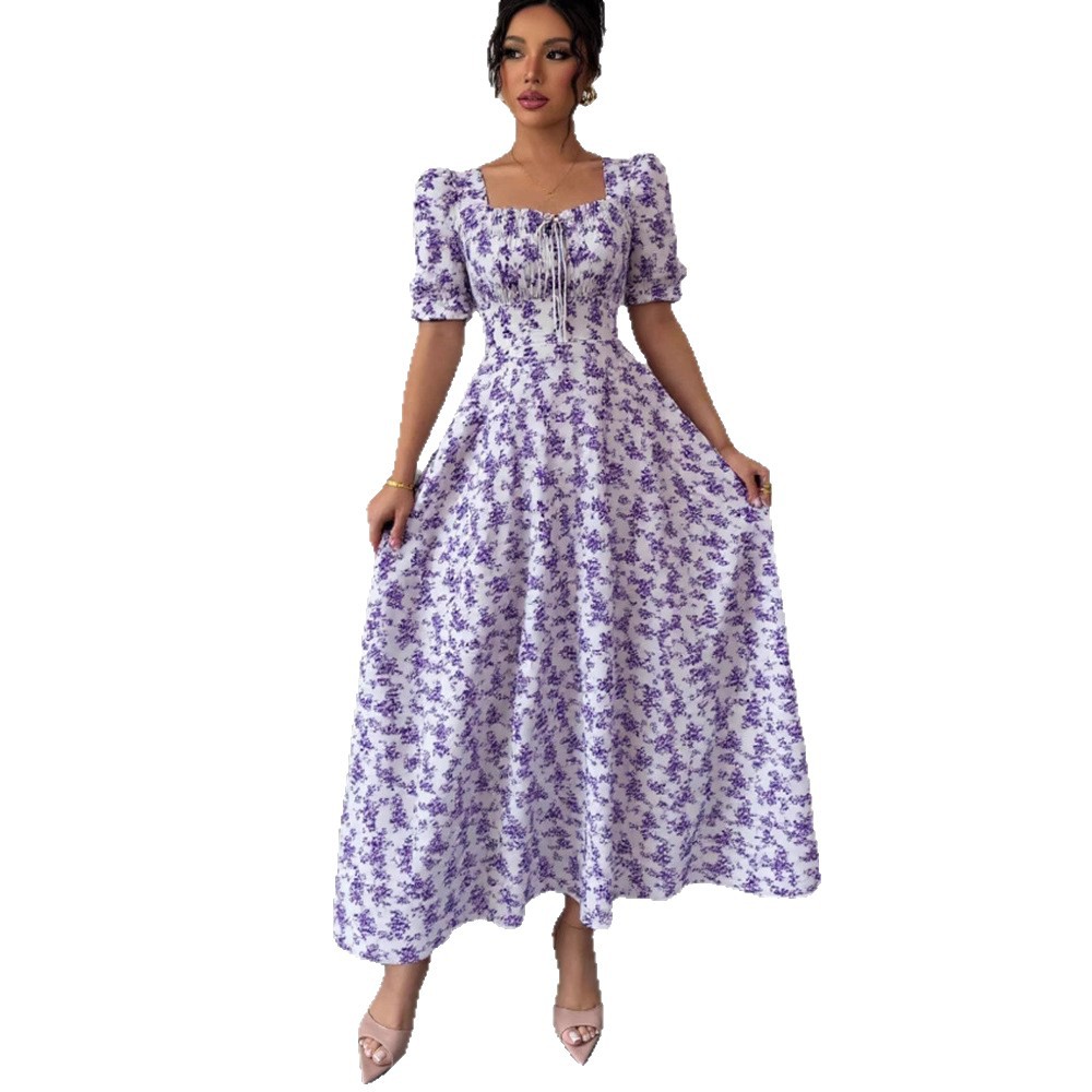 Women's Fashion Elegant U neck Short sleeved Printed Large Swing Dress Light Purple - Shop at LoveMi
