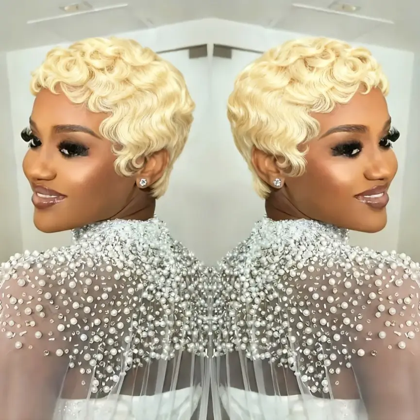 Blonde Curly Pixie Cut With Wave Human Hair