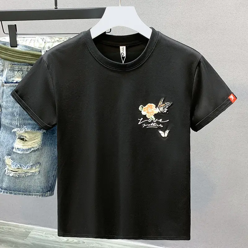Butterfly Embroidered Crew-Neck T-Shirt For Men