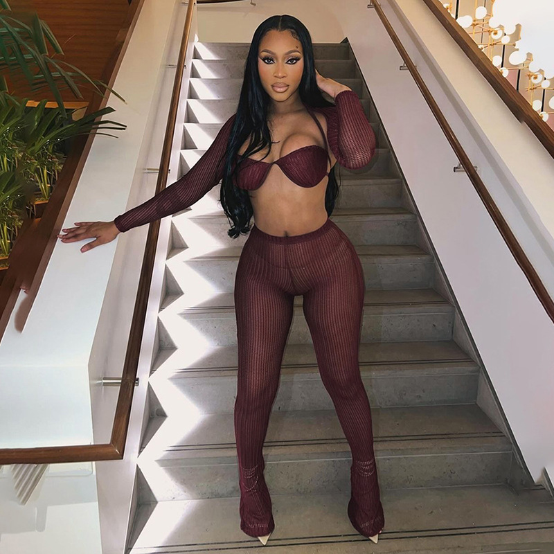 Women's Fashion Lace up Slim Pants Suit Wine Red - Shop at LoveMi