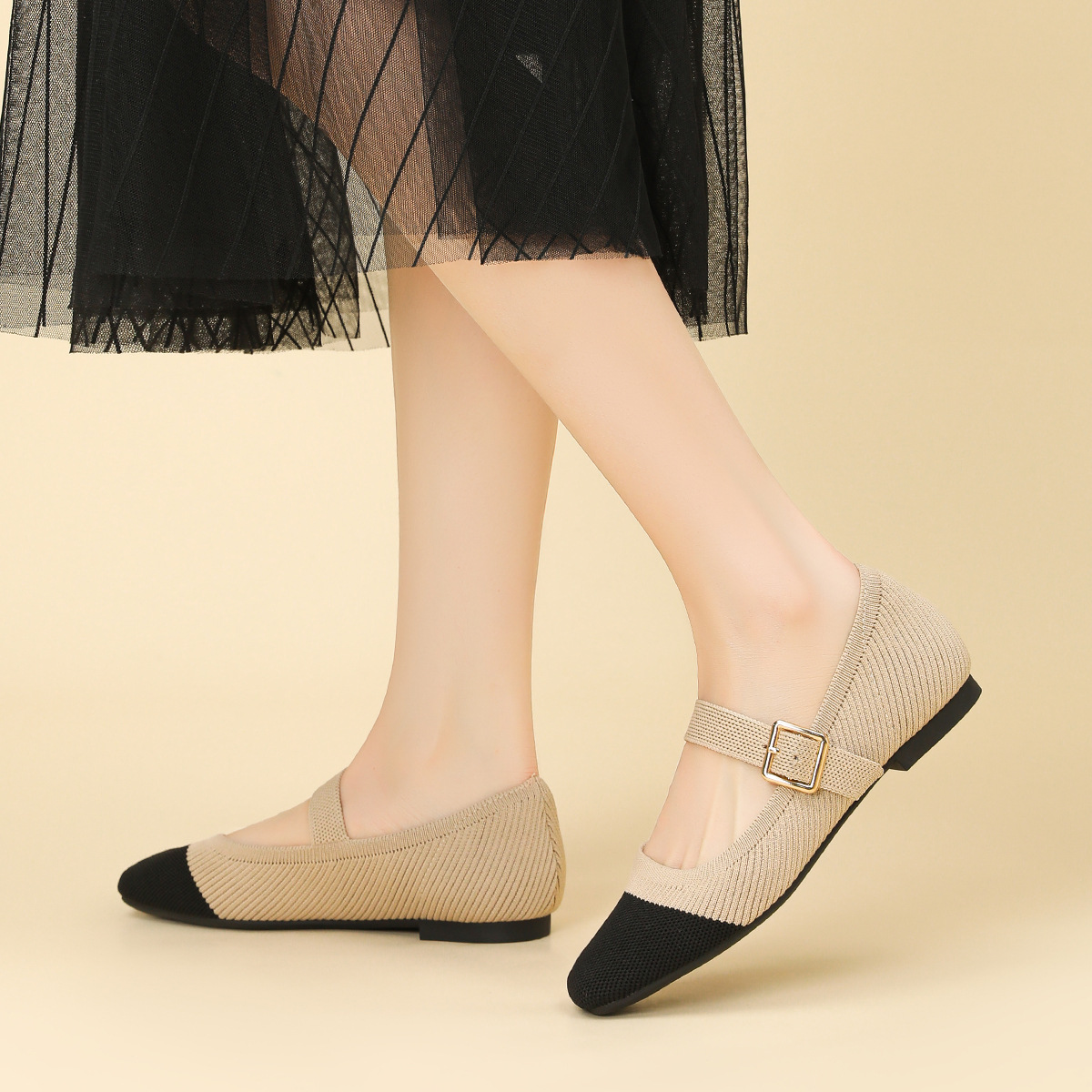 One-word Embellishment Fly-knit Mary Jane Pumps Woven Flat Single-layer Shoes
