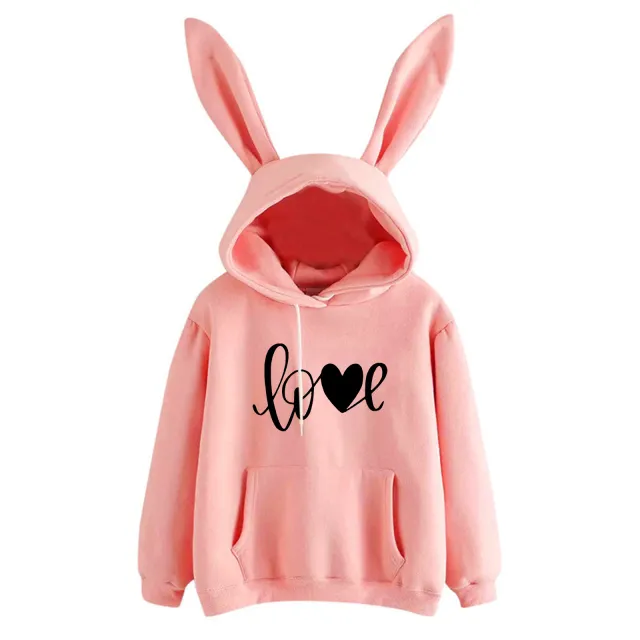 Hooded Rabbit Sweater Love Loose Casual Top Pink - Shop at LoveMi