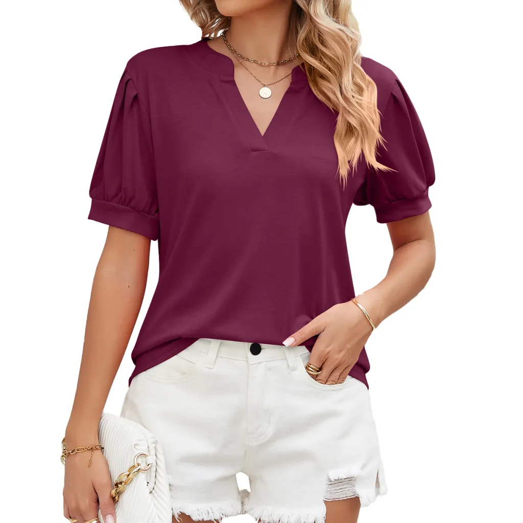 Women's V-neck Puff Sleeve Short Sleeve T-shirt Top Shirt - Red
