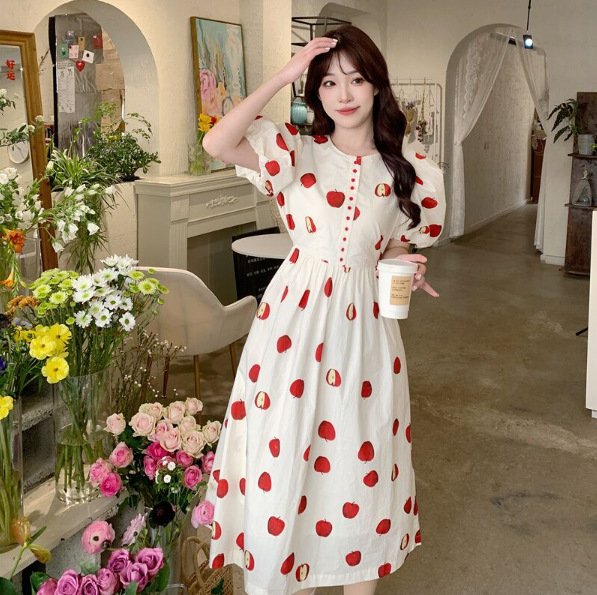 Summer New Puff Sleeve High Waist Print Dress