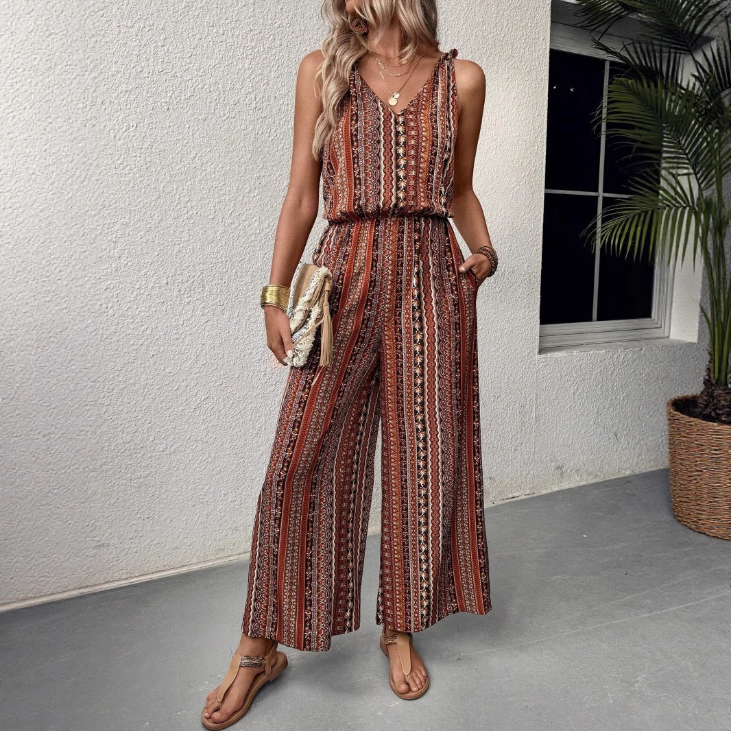 Casual Striped Printed Jumpsuit With Straps And Elastic Waist