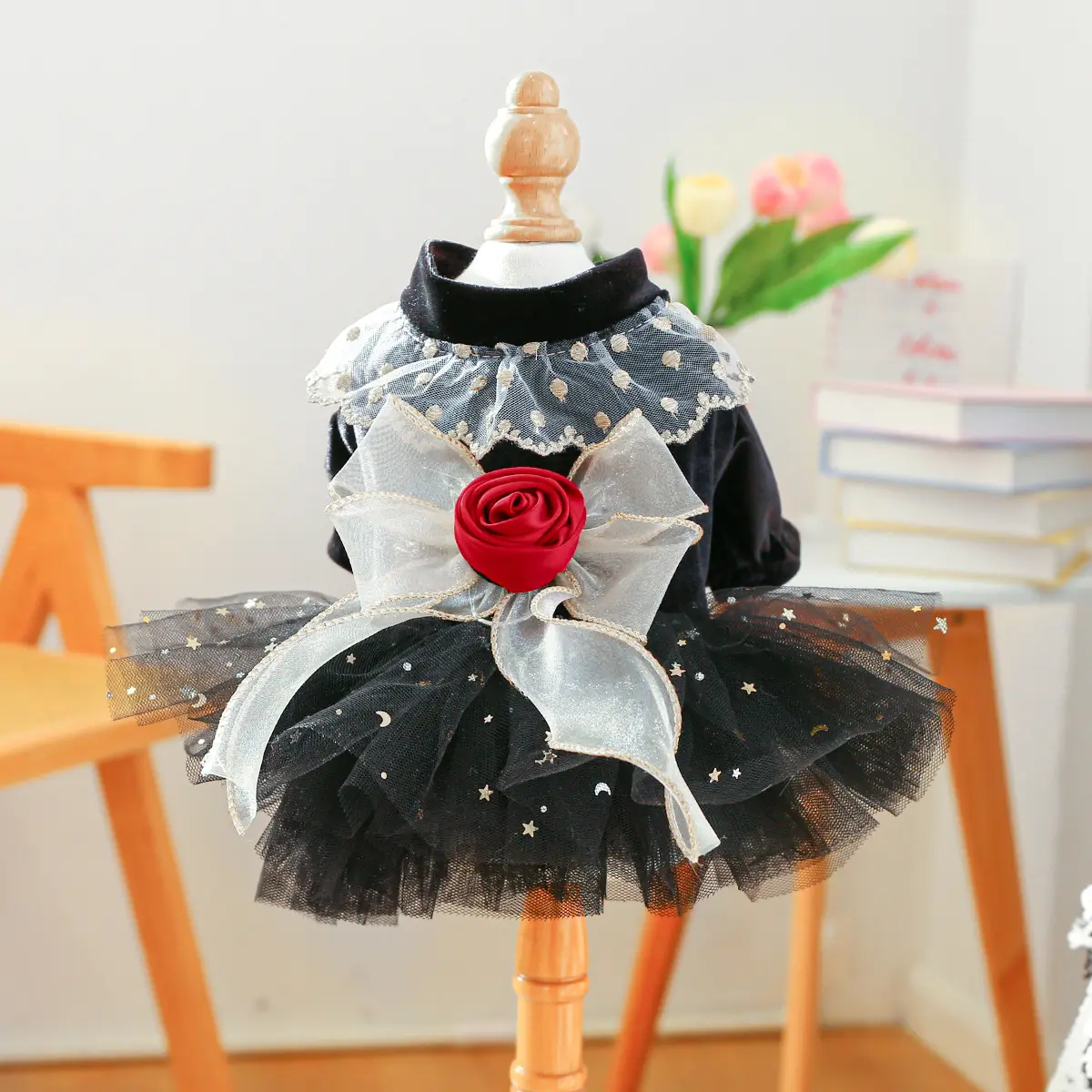 Small Dog Puppy Outfit Black Velvet Rose