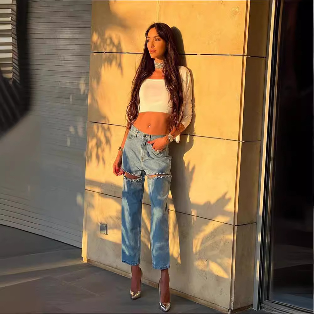 Blue With Holes Straight Women's Jeans Light Blue - Shop at LoveMi