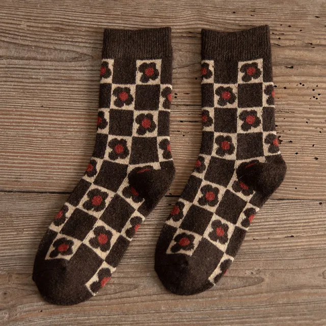 Women's Retro Thickened Socks Thermal Middle Tube Wool Socks Plaid Flower - Shop at LoveMi