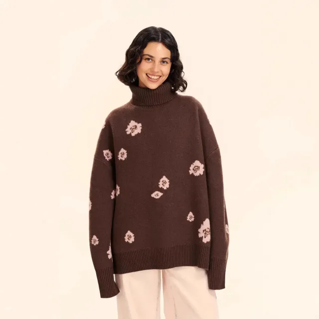Women's Flower Jacquard Turtleneck Sweater Brown - Shop at LoveMi