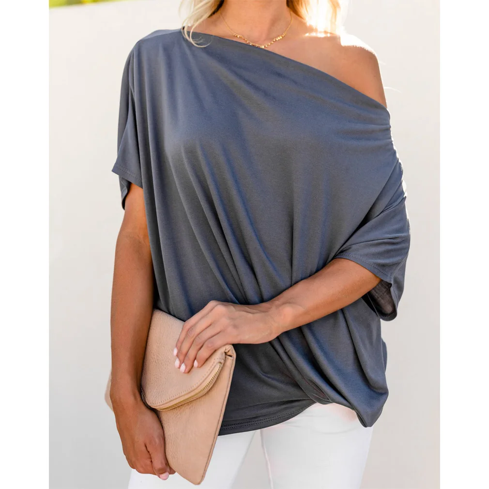 Title 9, Pleated solid color sexy loose shoulder ladies ...