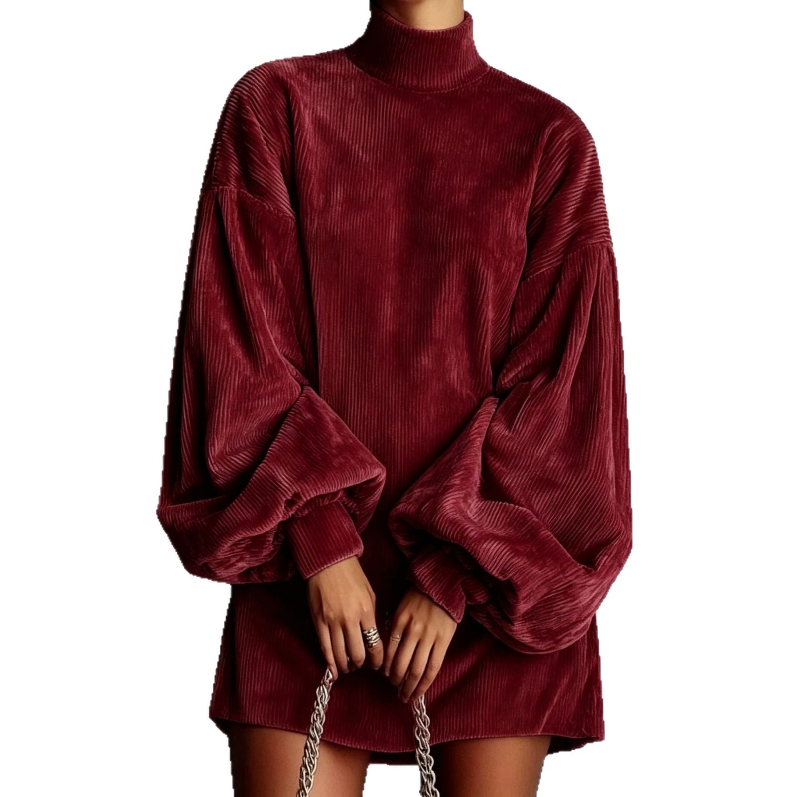 Loose Fit Long Sleeve Dress With Puff Sleeves - Casual Women's Midi ...