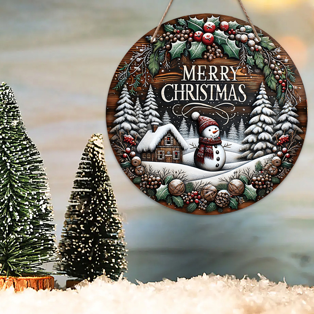 Title 5, Wooden Merry Christmas Snowman Round Sign Wall ...