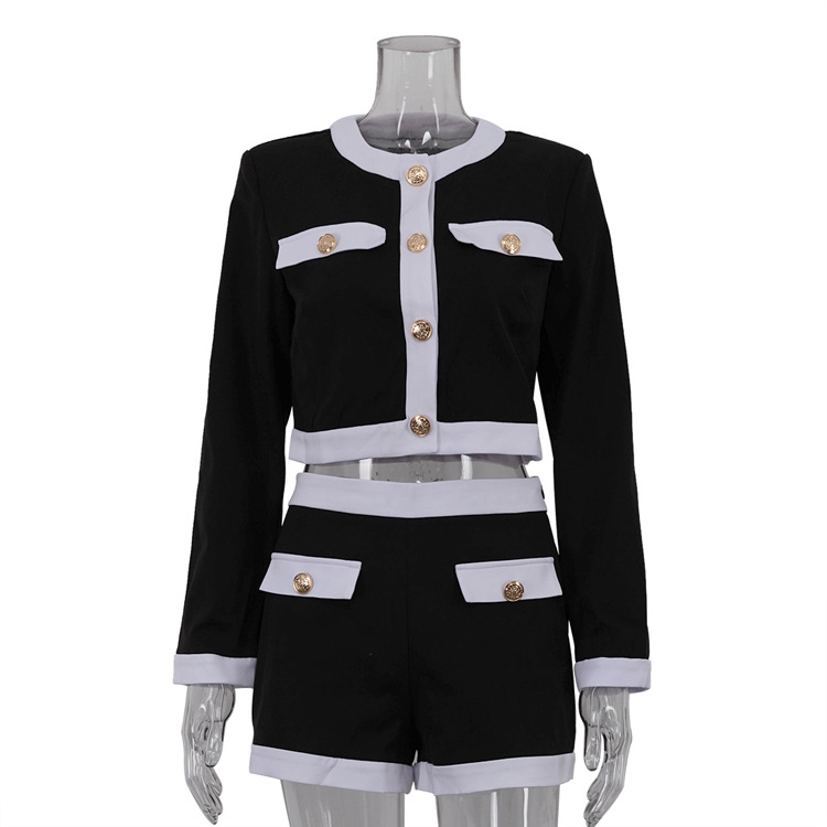 Color Contrast Patchwork Long Sleeve Cardigan Short Top Shorts Two-piece Set