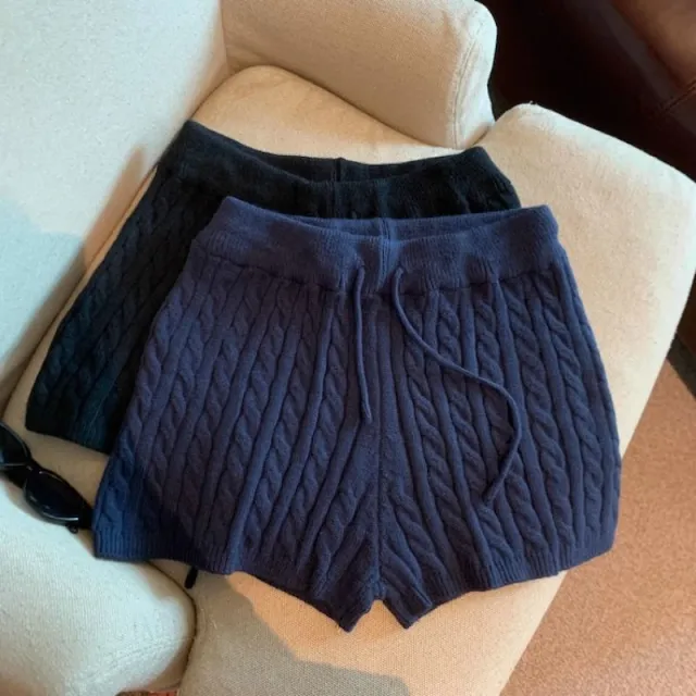 Retro Minimalist Cable knit Linen Shorts With Elastic Waist Blue - Shop at LoveMi