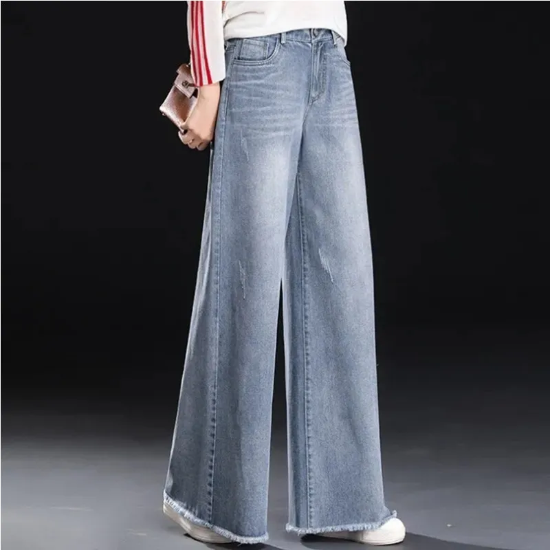 Raw Hem Wide Legs Jeans For Women Baggy Straight Trousers - Wide Leg Pants