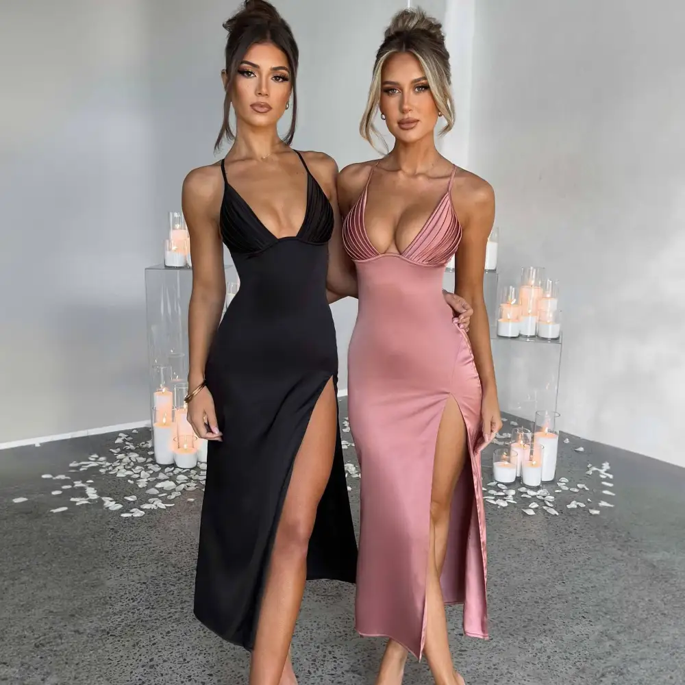 Spaghetti Strap Dress with Split Design Deep V-neck Sleeveless