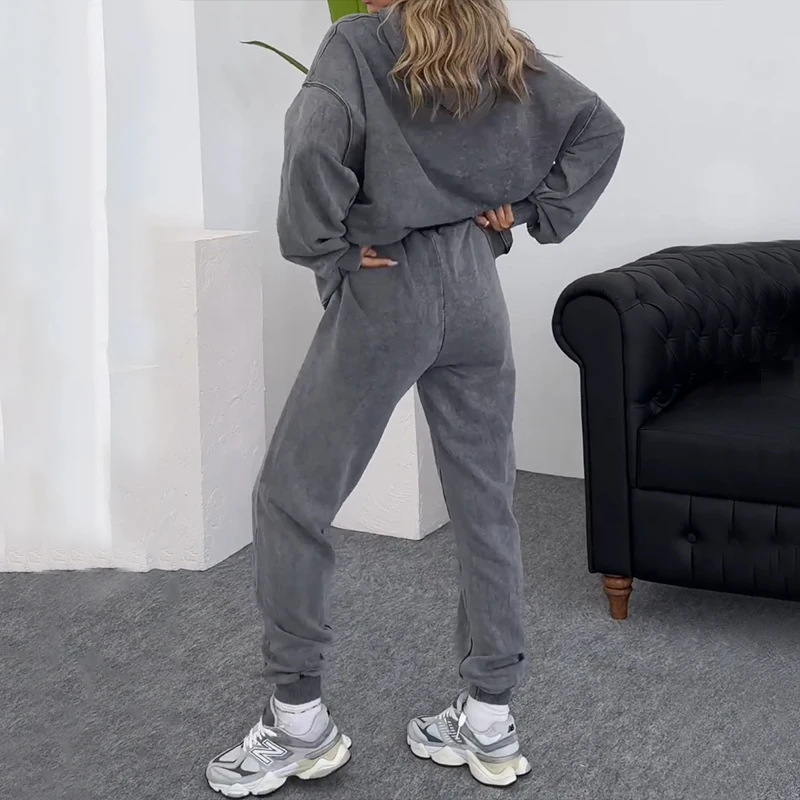 Solid Color Round Neck Laid-back Long Sleeve Sweater Casual Sport Pants Suit