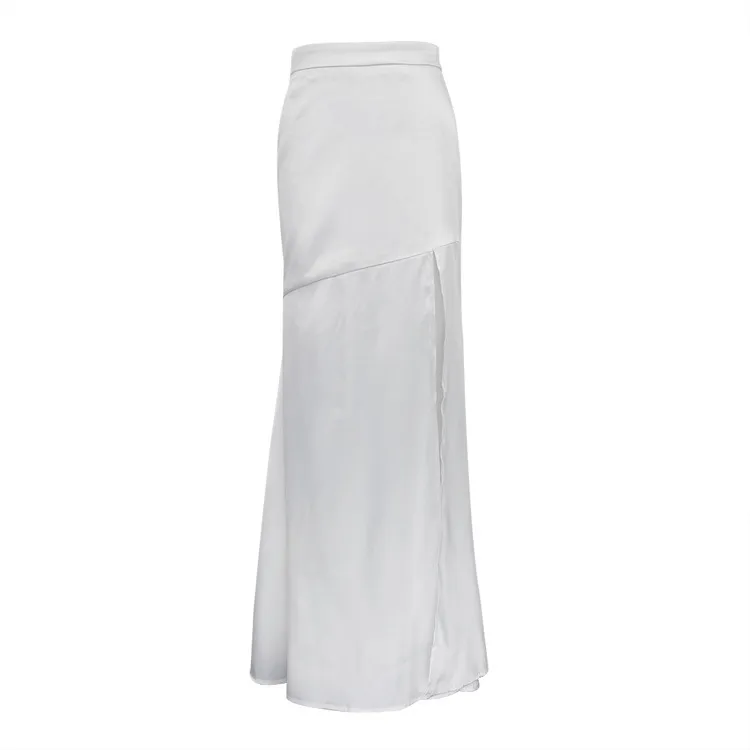 Spring New Elegant Graceful Solid Color Silk Satin High Slit Skinny Sheath Fishtail Skirt Ins - White