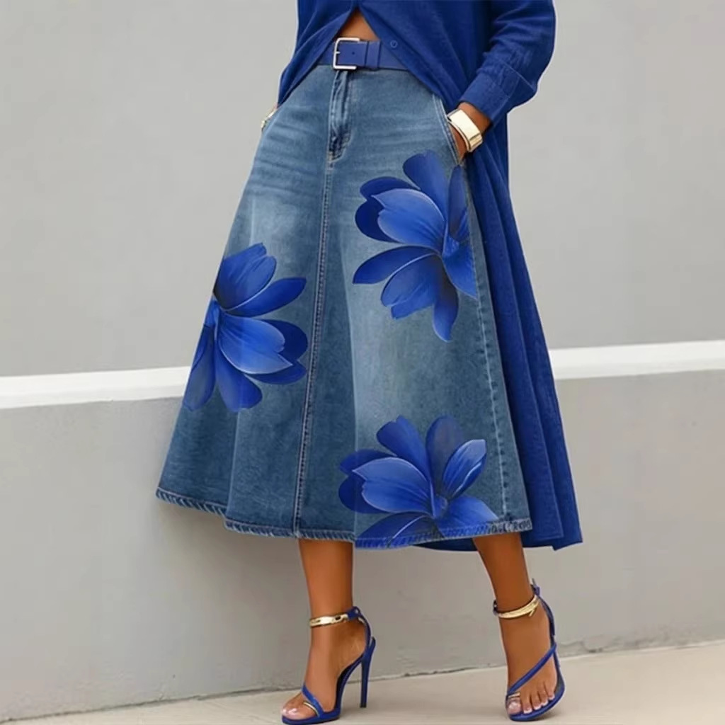 Womens Denim-Style Floral Print Midi Skirt