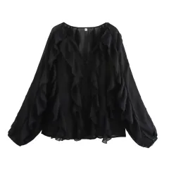 Women's Laminated Fashion V-neck Long Sleeve Shirt - Black - View 1
