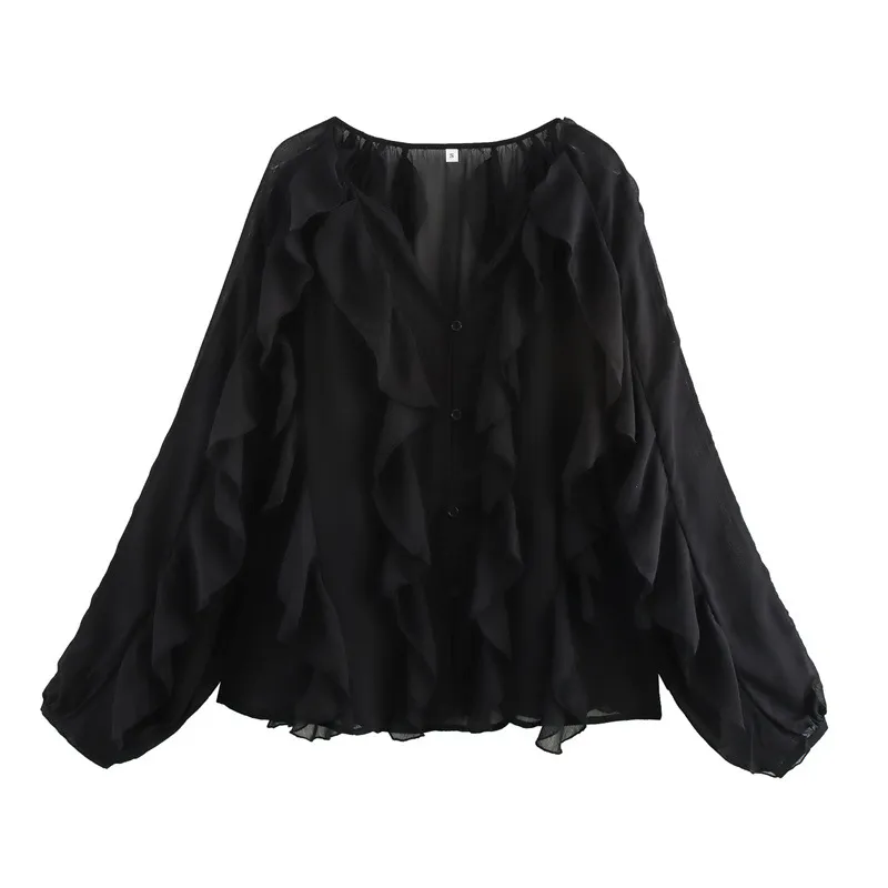 Women's Laminated Fashion V-neck Long Sleeve Shirt - Black