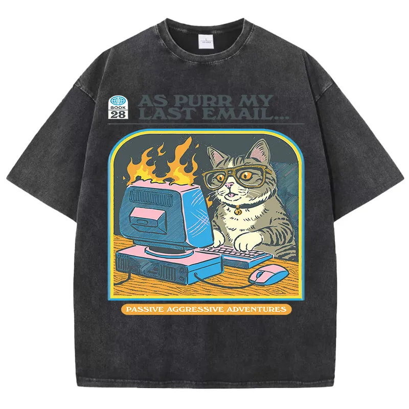 Men's Cat Playing Game Print Top - Black