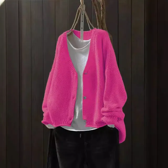 Cross border Early Autumn New Casual Versatile Solid Color V neck Long sleeved Single breasted Knitted Cardigan Sweater Pink - Shop at LoveMi