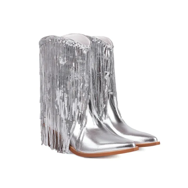 Sexy Sequin Tassel Pointed Toe Chunky Heel Ankle Boots For Women Silver - Shop at LoveMi